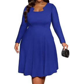 Runwind Plus Size Dresses Women Fit and Flare Church Cocktail A Line Wedding Guest Midi Dress Long Sleeve with Pockets