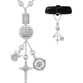 Car Rosary for Rearview Mirror Cross Car Charm Rosary for Car Mirror Hanging Psalm 91: 11 Bible Verse Car Charm Rosary Bracelets Religious Gifts New Driver Angel Gift for Women Men