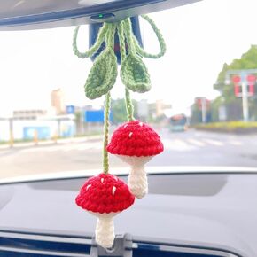 Crochet Mushroom Rear View Mirror Accessories, Swinging Mushroom Car Hanging Ornament, Simulated Plants Car Mirror Hanging Accessories, Cute Car Accessories for Women Interior Car Decor Bag Charms (B)