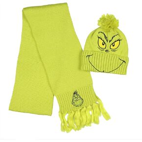 Dr. Seuss The Grinch Embroidered Design Adult Knit Scarf and Pom Cuffed Beanie Set