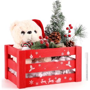 Christmas Wooden Box Personalized Rustic Xmas Storage Box 11.8x7.8x6.3 Inch Hot Cocoa Bar Crate with Marker Fun Farmhouse Organizer for Holiday Gifts, Candies, Pet, and Holiday Decor(Red)