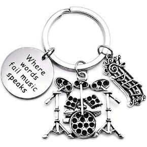 Kit's Kiss Drum Keychain Musical Instruments Drummer Gift Music Teacher Snare Note Musician Percussionist Gift, Silver, Diameter of Key Ring : 1.38 inches (3.5 cm)