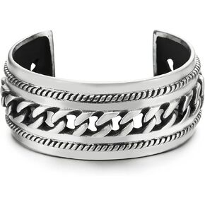 COOLSTEELANDBEYOND Masculine Wide Steel Cuff Bangle Bracelet for Men Women with Curb Chain Ornament, Satin