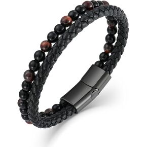 Mens Tiger Eye Black Obsdian Volcanic Lava Rock Beaded Bracelet,Black Braided Leather Bangle Bracelet for Men,Stainless Steel Clasp