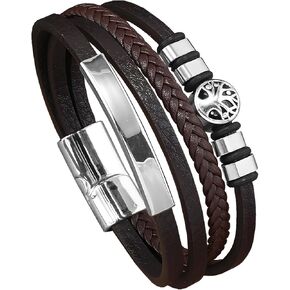 Tree of Life Leather Bracelets, Mens Multi-Layer Braided Religious Boho Charms Women Cuff Bracelets with Alloy Clasp Anniversary Father's Day Birthday Christmas Jewelry Gifts for Him
