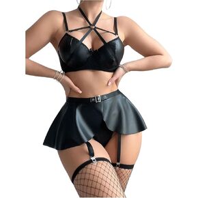 OYOANGLE Women's 5 Piece Lingerie Set Cut Out Ring Linked Pu Leather Teddy Babydoll With Garter Belt and Stockings