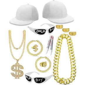 15 Pcs Rapper Costume Set Hip Hop 80s for 2 Rapper Accessories 2000s 90s Outfit for Adults Sunglasses Faux Gold Rope Chain Bracelet Dollar Sign Chain Kanji Ring