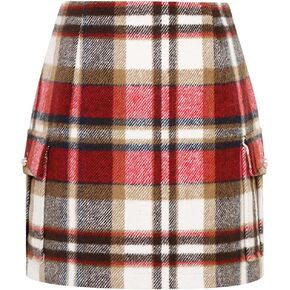 تنورات IDEALSANXUN Cargo للنساء للخريف والشتاء، تنورة صغيرة منقوشة من الصوف بخصر عالٍ in Kuwait