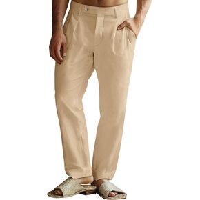 Runcati Mens Casual Linen Pants Pleated Elastic Waist Lightweight Cotton Trousers Summer Beach Yoga Pants with Pockets