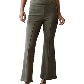 Women's Rib Flare Pants Elastic High Waist Seamed Creases Bell Bottom Trousers Workout Sweatpants
