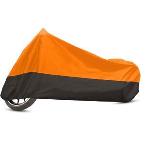 Motoforti Universal Motorcycle Cover, Waterproof Motorbike Cover Rain Dust Sun Protection, XXXL, 190T Polyester Taffeta Fabric, Orange Black, 1 Pcs