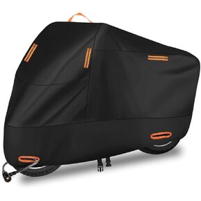 300D Motorcycle Cover Waterproof Outdoor, All Season Motorcycle Covers Heavy Duty Night Reflective with Lock Holes Windproof Straps, Sun UV Protection Coating, Fits up to 90"