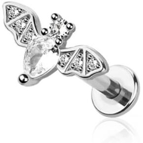 Pierced Owl 16GA 316L Stainless Steel Internally Threaded CZ Crystal Bat Flat Back Stud