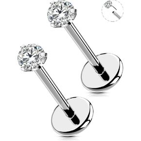 OUFER 2PCS Nose Piercings, G23 Solid Titanium Threadless Nose Rings 20G, Clear Tiny CZ Nose Stud Flat Back Nose Nostril Piercing Jewelry for Women Men