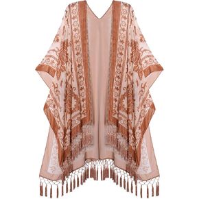 WeHello Women's Burnout Velvet Kimono Long Cardigan Cover Up with Tassel (Sand)