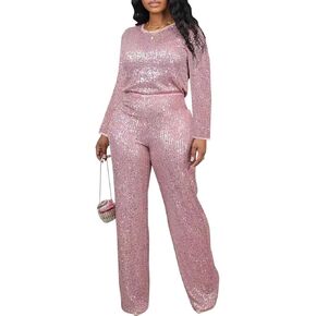 Women's Sparkly Sequin Set Straight Leg Baggy Trouser Party Outfits Clubwear Suits