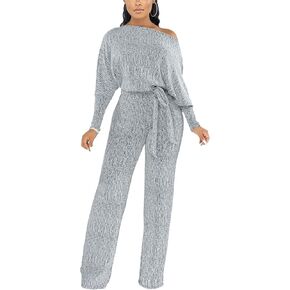 ZonJie Jumpsuits for Women Elegant Sexy Sparkly Sequin Off Shoulder Pants Long Sleeves Wide Leg Clubwear Rompers