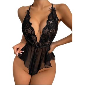 SOLY HUX Women's Lace Mesh Bodysuit Lingerie Deep V Neck Sheer Teddy Babydoll Nightwear