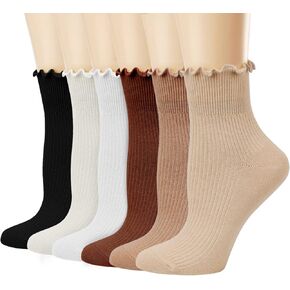 Mcool Mary Women's Ruffle Socks,Casual Cute Ankle Socks Breathable Knit Cotton Soft Frilly Crew Socks for Women 6 Pack