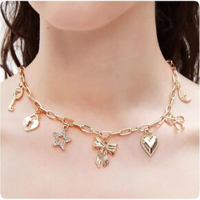 Chunky Charm Necklace for Women,18k Gold Plated Choker Necklace, Gold Bow Heart Pendant Paperclip Chain Aesthetic Statement Jewelry (bow)