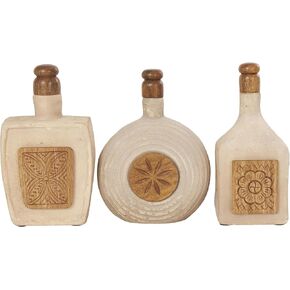 Deco 79 Paper Mache Floral Living Room Decorative Jars Decorative Container with Varying Shapes and Carved Wood Etchings, Set of 3 Jar with Lid 6"W, 11"H, Brown