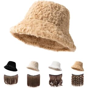 Fall/Winter Cold Weather Hat for Women,Hat with Hair Attached Wig,Thick Warm Wool Bucket Hat