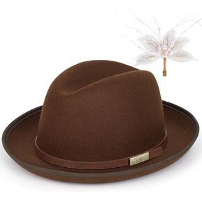 FADACHY Fedora Hats for Women, Wide Brim Hat Fashionable Felt Hats with Removable Golden Feather Clip, Panama Trilby Hats