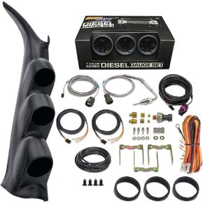 GlowShift Diesel Gauge Package Compatible with Chevrolet Chevy Silverado Duramax 2500 3500 2000-2006 - Tinted 7 Color 60 PSI Boost, 1500F EGT & 30 PSI Fuel Pressure Gauges - Graphite Triple Pillar Pod
