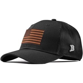 Branded Bills Old Glory Tan Leather Curved Trucker, Lightweight, Comfortable Baseball Cap
