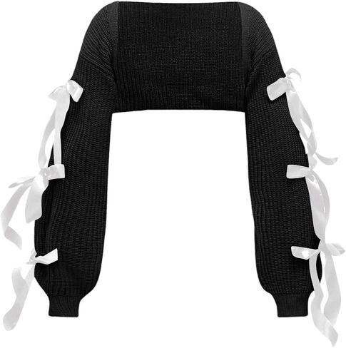 Verdusa Women's Bow Tie Bolero Shrug Crochet Cardigan Knit Cropped Ballet Shoulder Shrug Long Sleeve Sweater in Kuwait