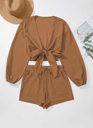 Herseas Women's Swimsuit Coverup Self Tie Blouse Shorts Set Bikini Cover Up Beach Outfit in Saudi Arabia