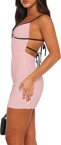 Women Backless Spaghetti Strap Mini Bodycon Dress Sexy Tight Stretchy Party Club Mini Dresses in Saudi Arabia