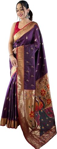Paithani silk saree with rich contrast weaving pallu and unstitched blouse in Kuwait