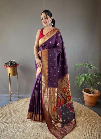 Paithani silk saree with rich contrast weaving pallu and unstitched blouse in Kuwait