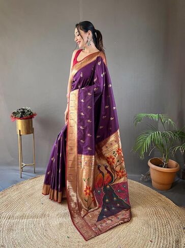 Paithani silk saree with rich contrast weaving pallu and unstitched blouse in Kuwait