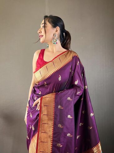 Paithani silk saree with rich contrast weaving pallu and unstitched blouse in Kuwait