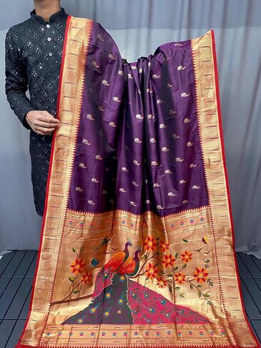 Paithani silk saree with rich contrast weaving pallu and unstitched blouse in Kuwait