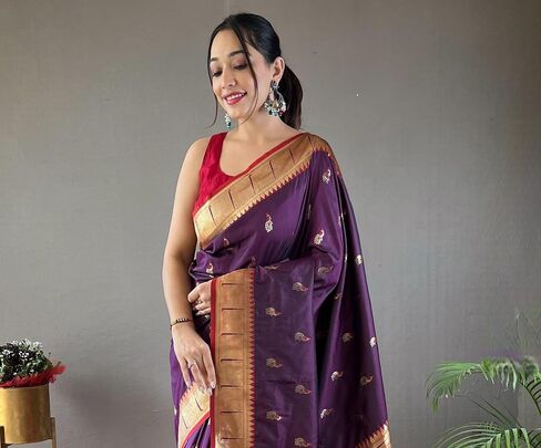 Paithani silk saree with rich contrast weaving pallu and unstitched blouse in Kuwait
