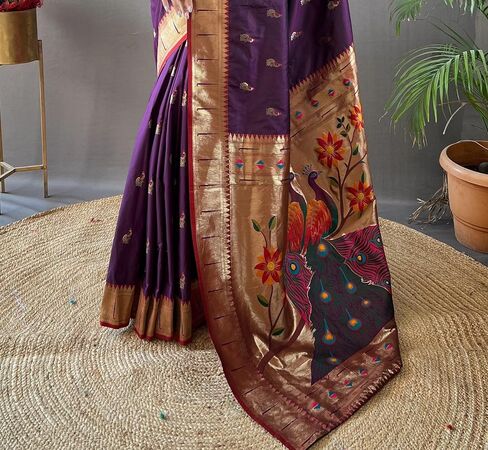 Paithani silk saree with rich contrast weaving pallu and unstitched blouse in Kuwait