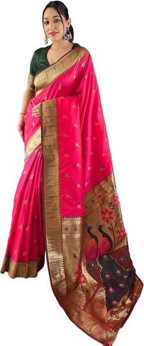 Paithani silk saree with rich contrast weaving pallu and unstitched blouse in Kuwait