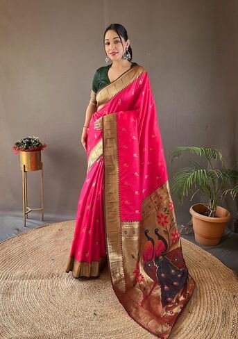 Paithani silk saree with rich contrast weaving pallu and unstitched blouse in Kuwait