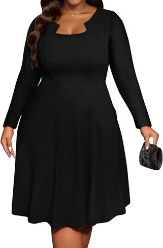 Runwind Plus Size Dresses Women Fit and Flare Church Cocktail A Line Wedding Guest Midi Dress Long Sleeve with Pockets in Saudi Arabia