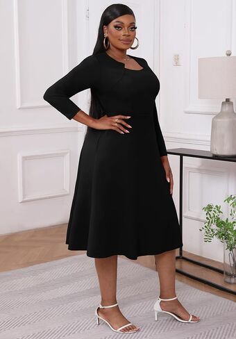Runwind Plus Size Dresses Women Fit and Flare Church Cocktail A Line Wedding Guest Midi Dress Long Sleeve with Pockets in Saudi Arabia