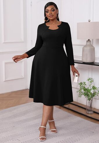 Runwind Plus Size Dresses Women Fit and Flare Church Cocktail A Line Wedding Guest Midi Dress Long Sleeve with Pockets in Saudi Arabia
