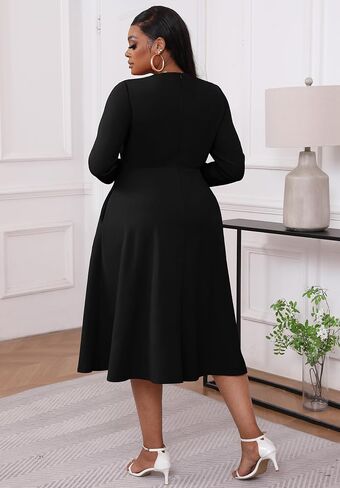 Runwind Plus Size Dresses Women Fit and Flare Church Cocktail A Line Wedding Guest Midi Dress Long Sleeve with Pockets in Saudi Arabia