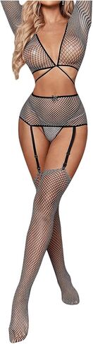 OYOANGLE Women's 4 Piece Fishnet Lingerie Set Mesh Sheer Bra and Panty with Garter Belt in Saudi Arabia