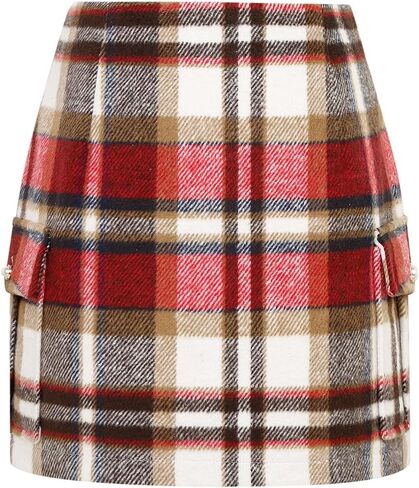 تنورات IDEALSANXUN Cargo للنساء للخريف والشتاء، تنورة صغيرة منقوشة من الصوف بخصر عالٍ in Kuwait