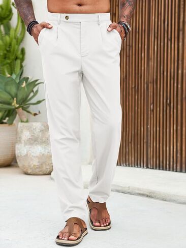 Runcati Mens Casual Linen Pants Pleated Elastic Waist Lightweight Cotton Trousers Summer Beach Yoga Pants with Pockets in Kuwait