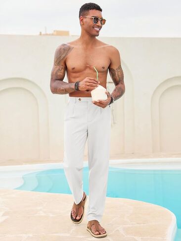 Runcati Mens Casual Linen Pants Pleated Elastic Waist Lightweight Cotton Trousers Summer Beach Yoga Pants with Pockets in Kuwait