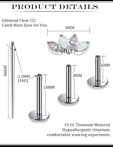 16G G23 Titanium Tragus Conch Helix Piercing Jewelry Internally Threaded Flat Back Cartilage Earrings Forward Helix Earrings Medusa Labret Piercing Jewelry for Women Men Silver 6MM 8MM 10MM in Kuwait